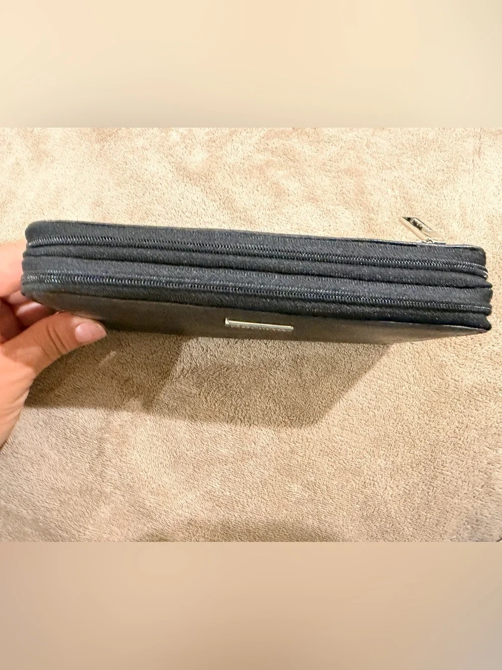 Perlina Black Leather Zip-Around Wallet with Metal Logo